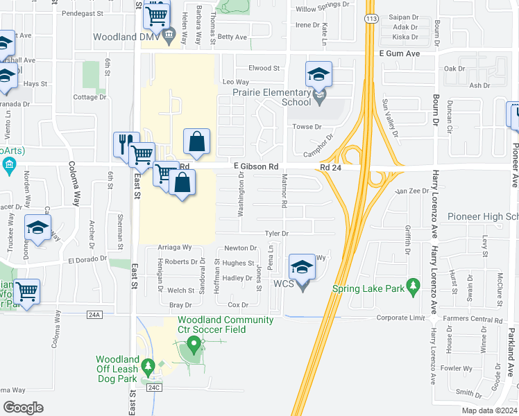 map of restaurants, bars, coffee shops, grocery stores, and more near 1362 Garfield Place in Woodland