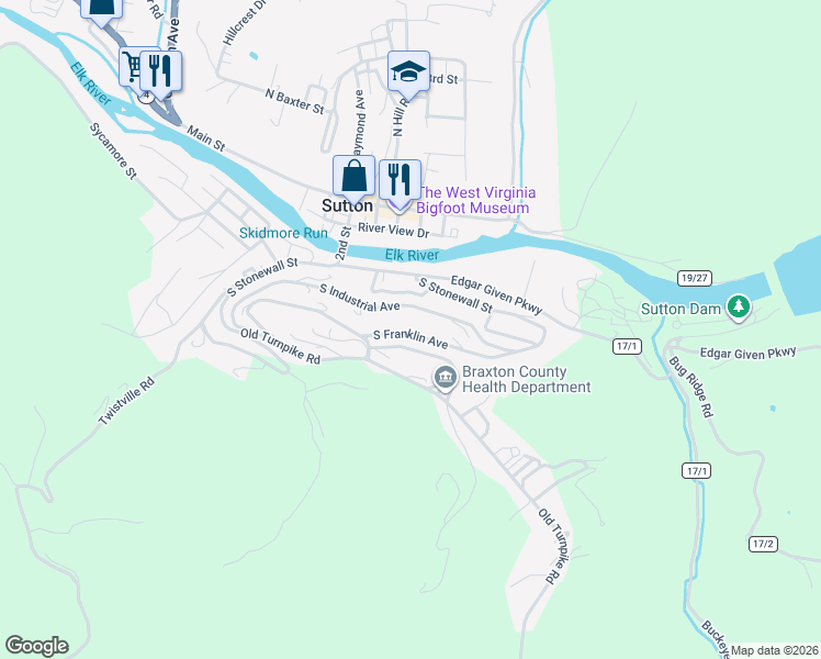 map of restaurants, bars, coffee shops, grocery stores, and more near 461 S Franklin Ave in Sutton