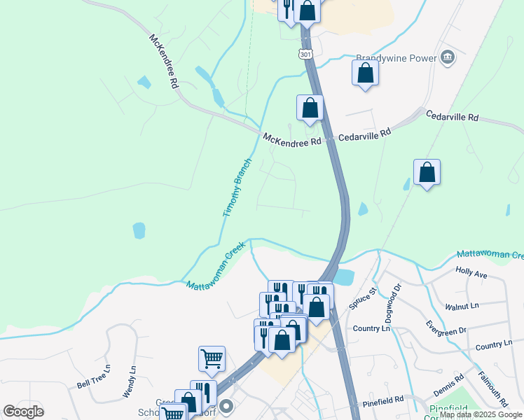 map of restaurants, bars, coffee shops, grocery stores, and more near 7505 Silver Thread Wy in Brandywine
