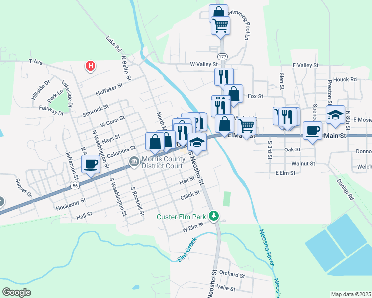 map of restaurants, bars, coffee shops, grocery stores, and more near 203 West Main Street in Council Grove