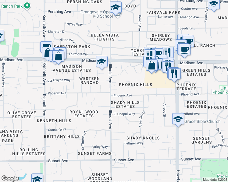 map of restaurants, bars, coffee shops, grocery stores, and more near 5210 Illinois Avenue in Fair Oaks