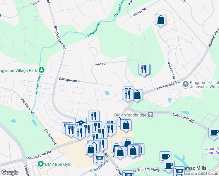 map of restaurants, bars, coffee shops, grocery stores, and more near 3304 Rollingwood Drive in Woodbridge