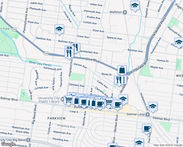 map of restaurants, bars, coffee shops, grocery stores, and more near 894 Leland Avenue in University City
