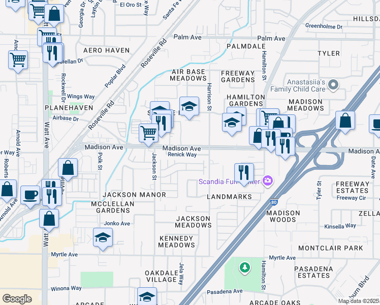 map of restaurants, bars, coffee shops, grocery stores, and more near 4007 Renick Way in North Highlands