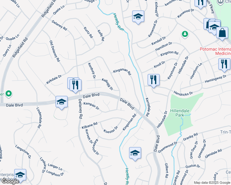 map of restaurants, bars, coffee shops, grocery stores, and more near 4703 Kellogg Drive in Woodbridge