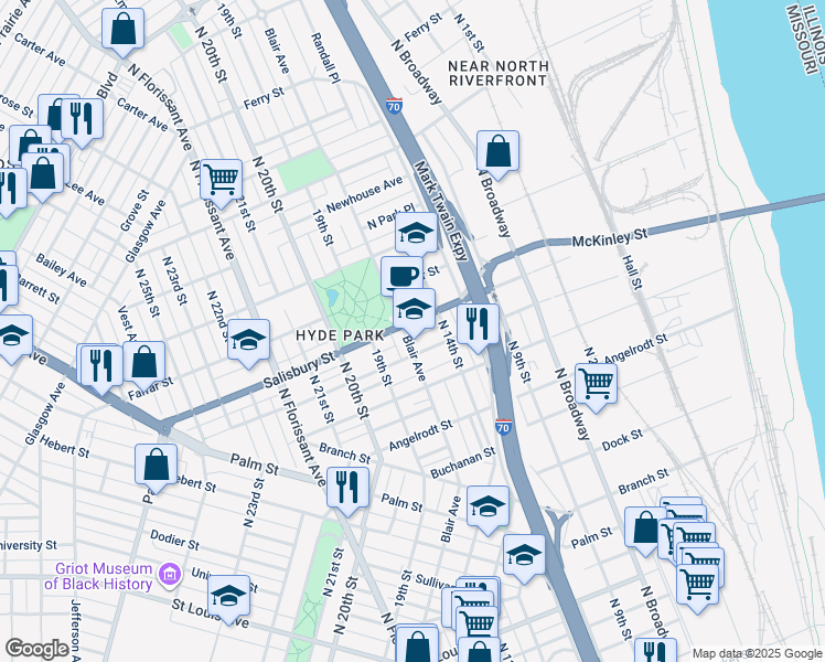 map of restaurants, bars, coffee shops, grocery stores, and more near 1418 Salisbury Street in St. Louis