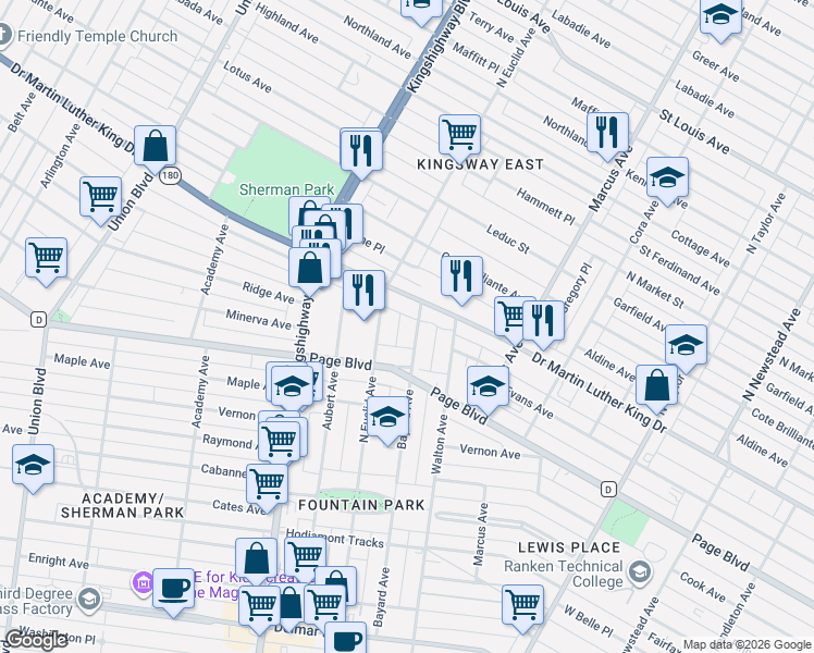 map of restaurants, bars, coffee shops, grocery stores, and more near 1347 Bayard Avenue in St. Louis