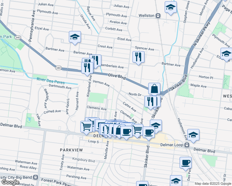 map of restaurants, bars, coffee shops, grocery stores, and more near 894 Leland Avenue in University City