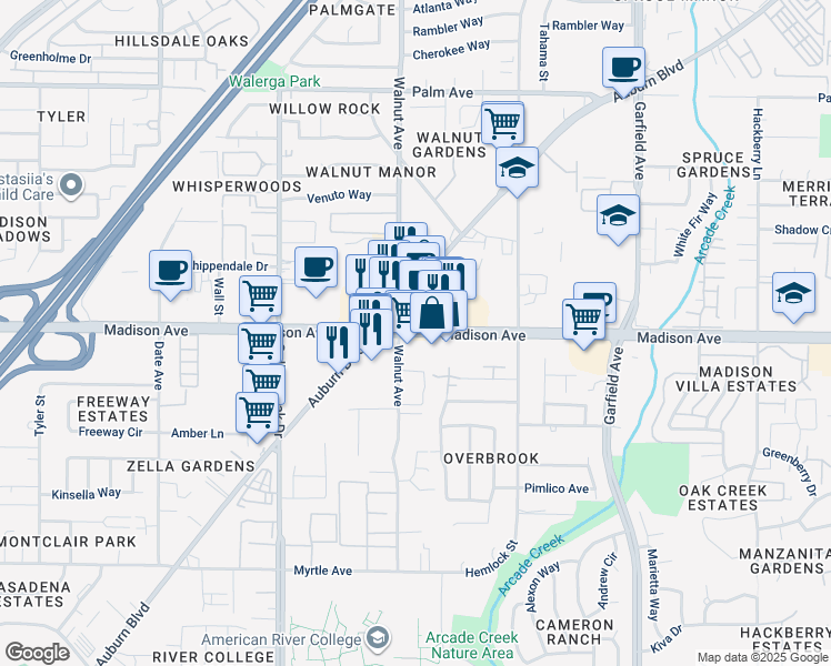 map of restaurants, bars, coffee shops, grocery stores, and more near 5122 Madison Avenue in Sacramento