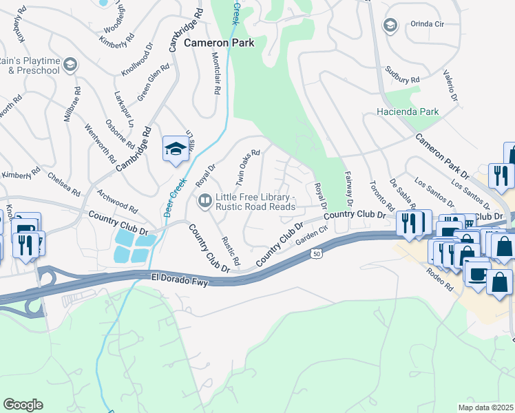 map of restaurants, bars, coffee shops, grocery stores, and more near 3875 Hillsborough Road in Cameron Park