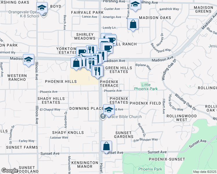 map of restaurants, bars, coffee shops, grocery stores, and more near 5252 Tucson Circle in Fair Oaks