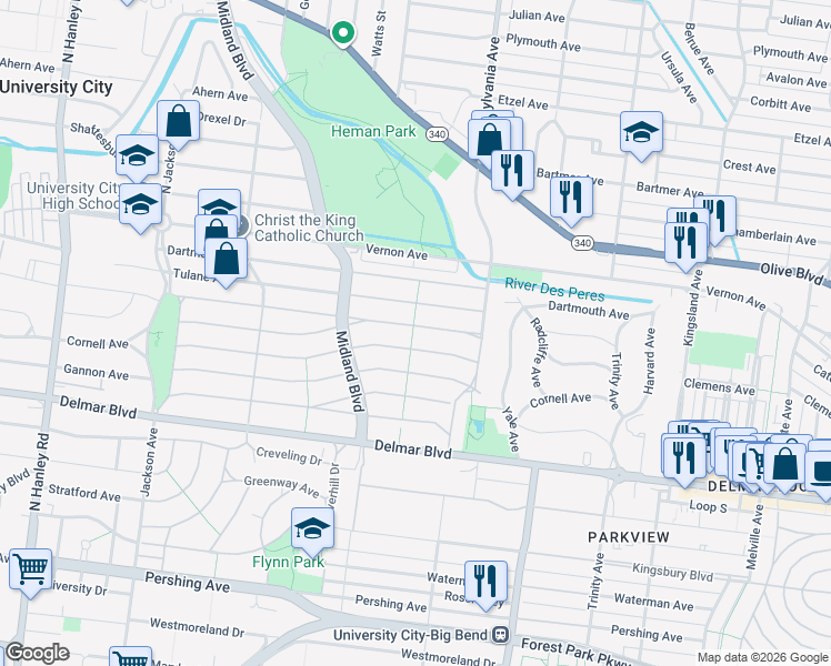 map of restaurants, bars, coffee shops, grocery stores, and more near 7058 Amherst Avenue in University City