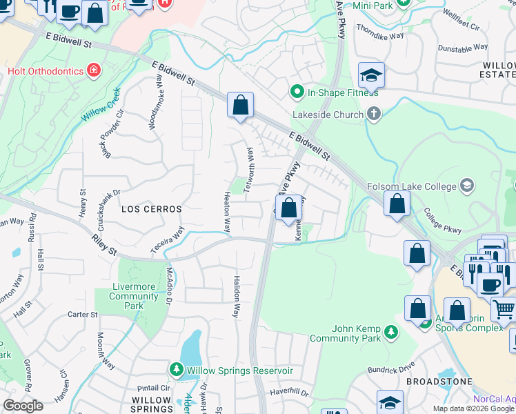 map of restaurants, bars, coffee shops, grocery stores, and more near 114 Flindell Way in Folsom