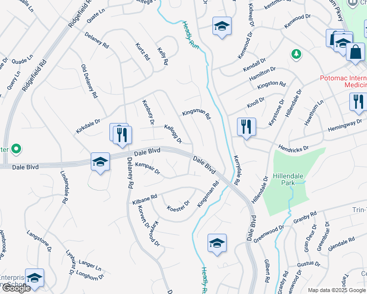 map of restaurants, bars, coffee shops, grocery stores, and more near 4705 Kellogg Drive in Woodbridge