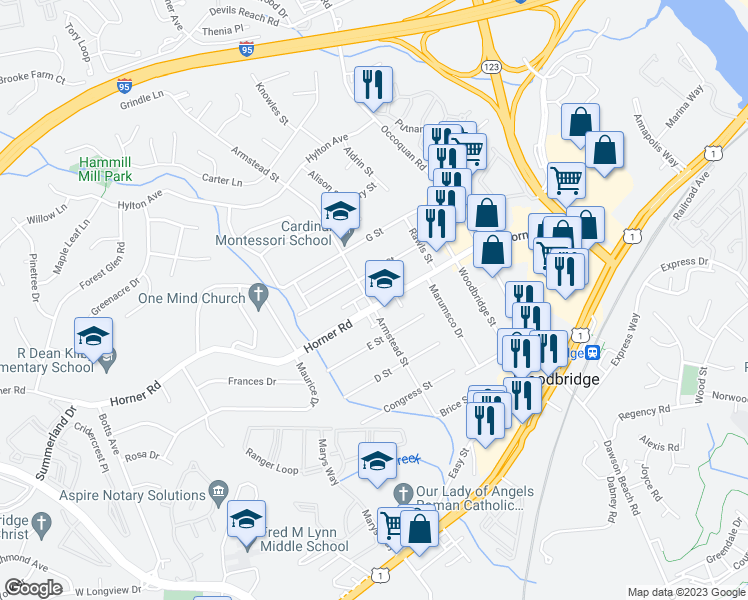 map of restaurants, bars, coffee shops, grocery stores, and more near 1342 Horner Road in Woodbridge