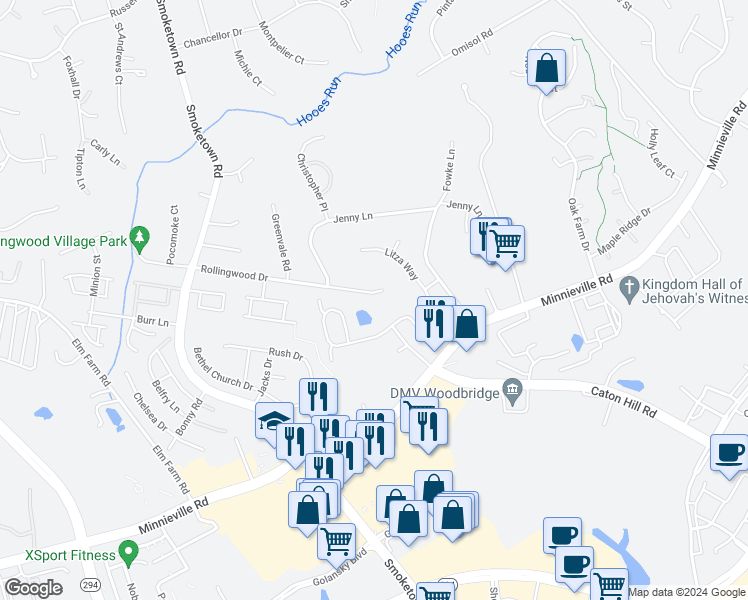 map of restaurants, bars, coffee shops, grocery stores, and more near 3304 Rollingwood Drive in Woodbridge