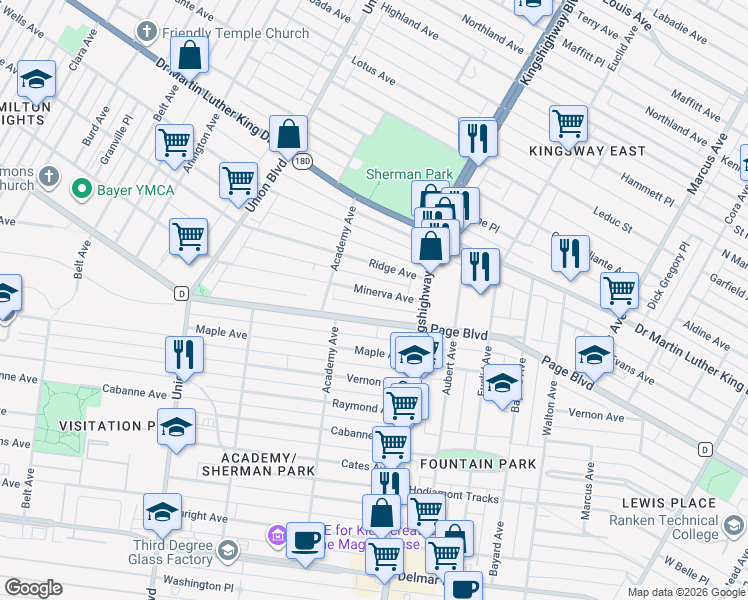 map of restaurants, bars, coffee shops, grocery stores, and more near 5054 Minerva Avenue in Saint Louis