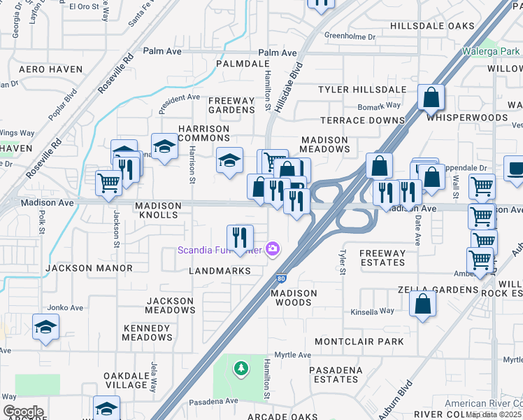 map of restaurants, bars, coffee shops, grocery stores, and more near 4250 Madison Avenue in North Highlands