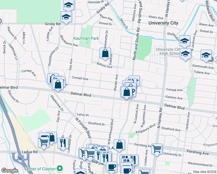 map of restaurants, bars, coffee shops, grocery stores, and more near 7823 Gannon Avenue in University City