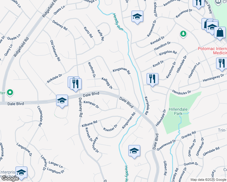 map of restaurants, bars, coffee shops, grocery stores, and more near 4705 Kellogg Drive in Woodbridge
