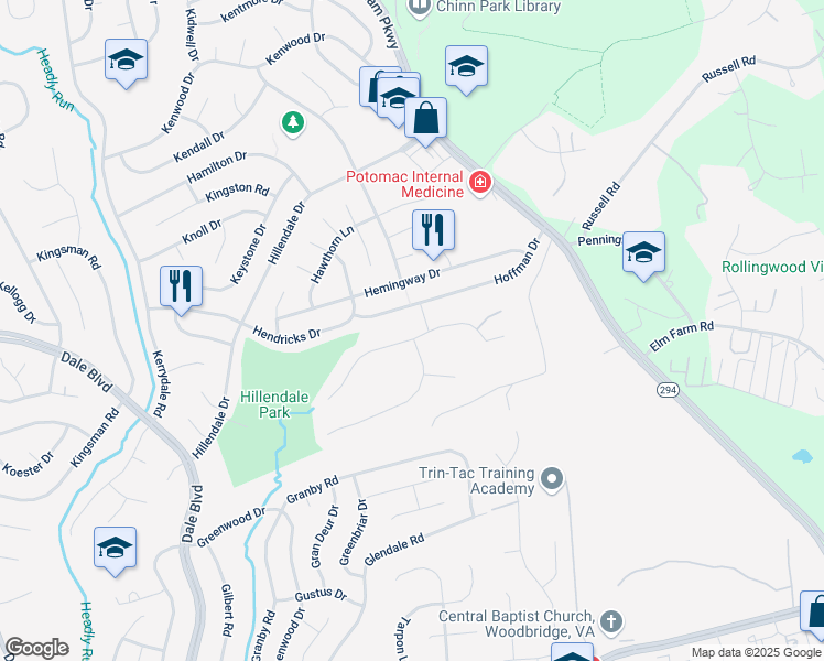 map of restaurants, bars, coffee shops, grocery stores, and more near 4052 Westwind Dr in Woodbridge