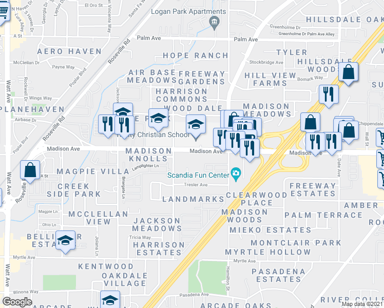 map of restaurants, bars, coffee shops, grocery stores, and more near 4130 Madison Avenue in North Highlands