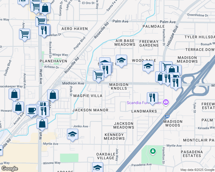 map of restaurants, bars, coffee shops, grocery stores, and more near in North Highlands