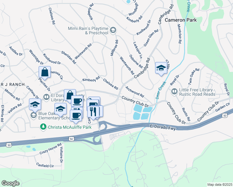 map of restaurants, bars, coffee shops, grocery stores, and more near 3842 Cambridge Rd in Cameron Park