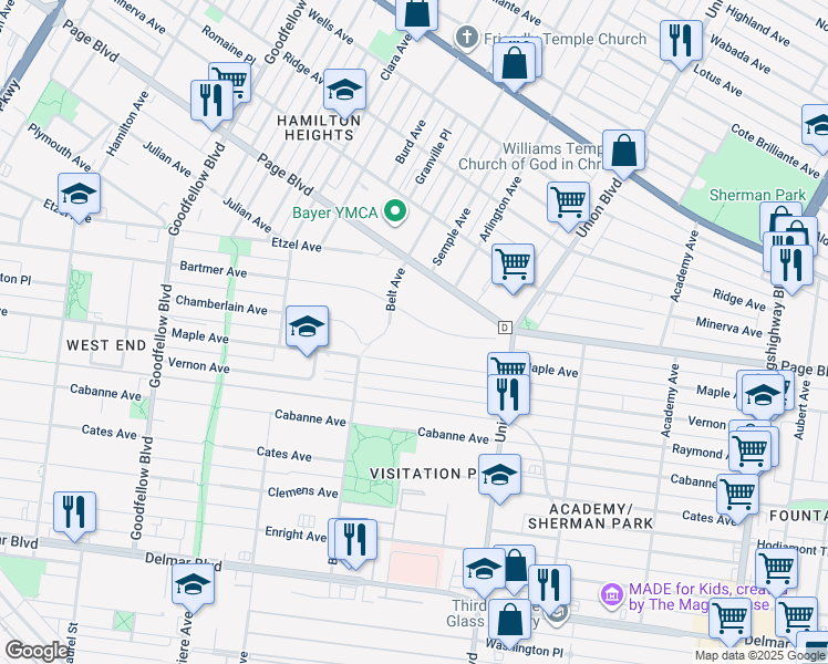 map of restaurants, bars, coffee shops, grocery stores, and more near 5432 Bartmer Avenue in St. Louis