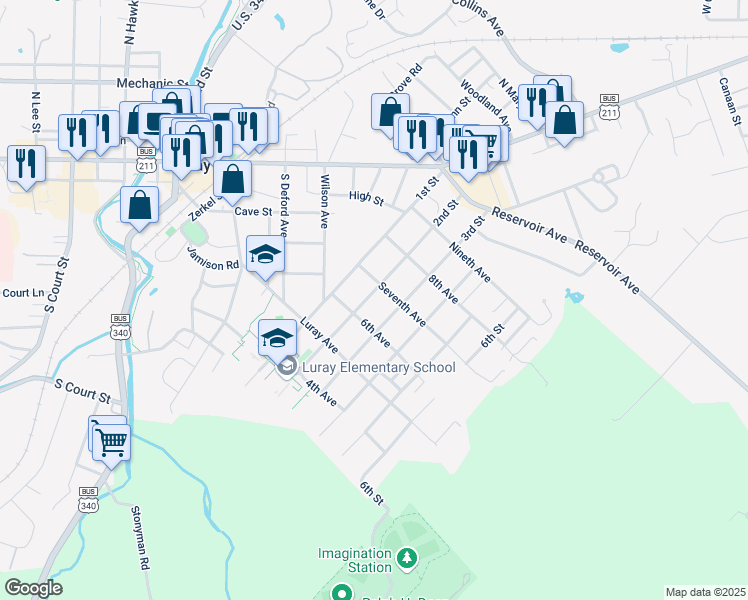map of restaurants, bars, coffee shops, grocery stores, and more near 307 2nd Street in Luray