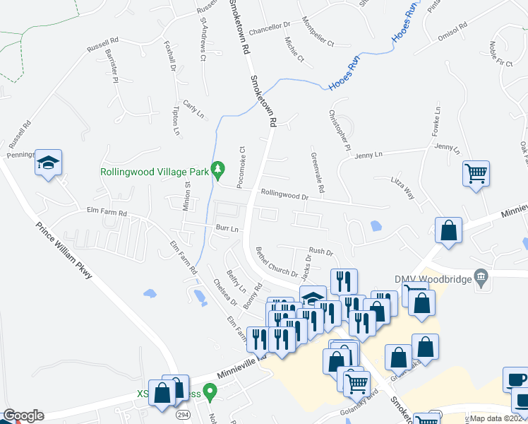 map of restaurants, bars, coffee shops, grocery stores, and more near 3351 Wyndale Court in Woodbridge