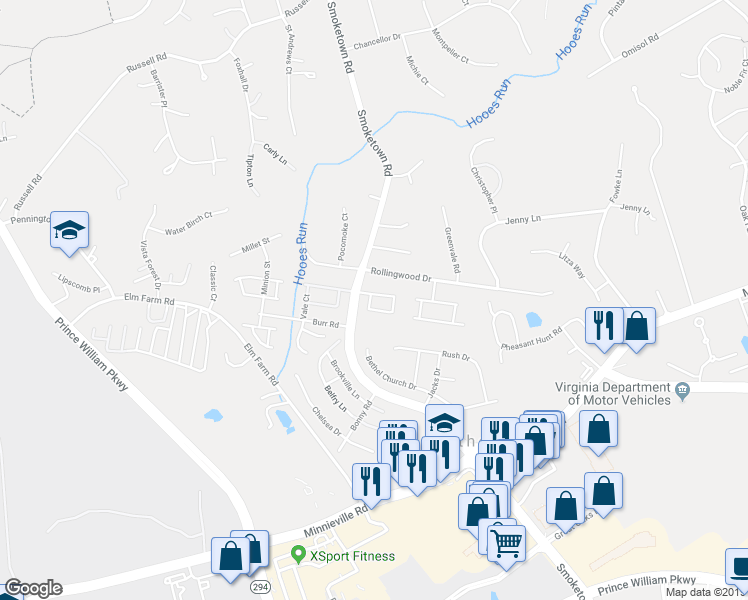 map of restaurants, bars, coffee shops, grocery stores, and more near 3349 Wyndale Court in Woodbridge