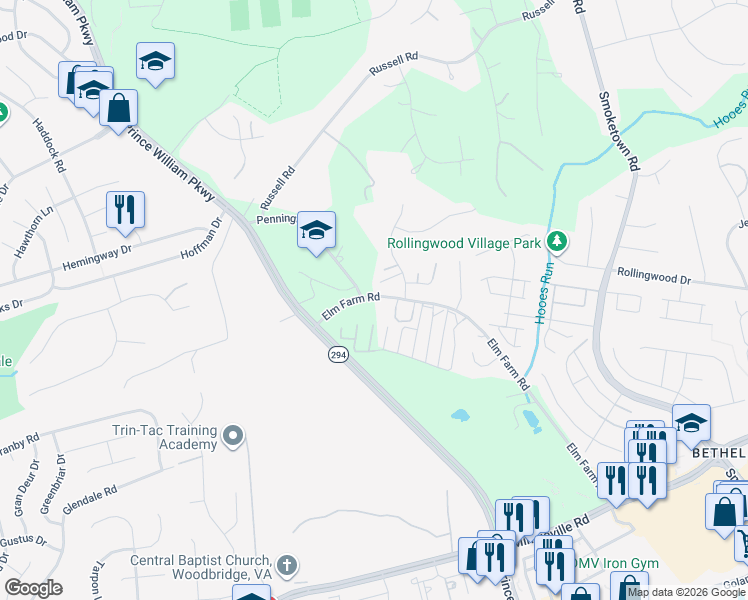 map of restaurants, bars, coffee shops, grocery stores, and more near 3695 Elm Farm Road in Woodbridge