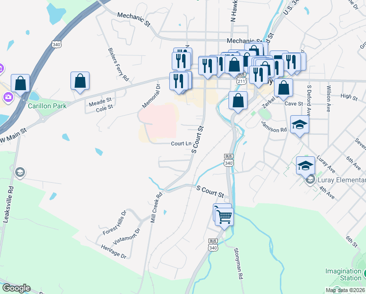 map of restaurants, bars, coffee shops, grocery stores, and more near 156 South Court Street in Luray