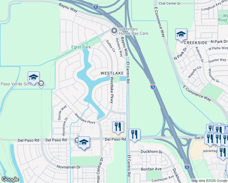 map of restaurants, bars, coffee shops, grocery stores, and more near 4958 Westlake Parkway in Sacramento