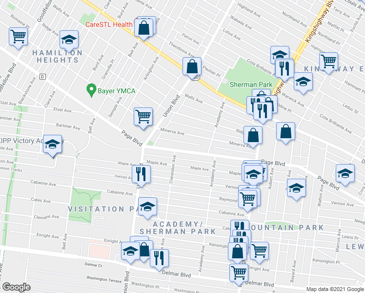 map of restaurants, bars, coffee shops, grocery stores, and more near 5159 Page Boulevard in St. Louis