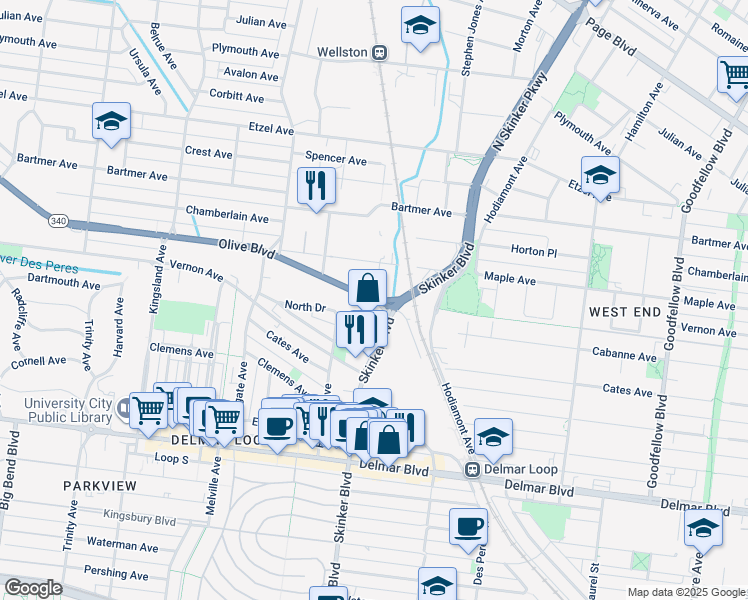 map of restaurants, bars, coffee shops, grocery stores, and more near in University City