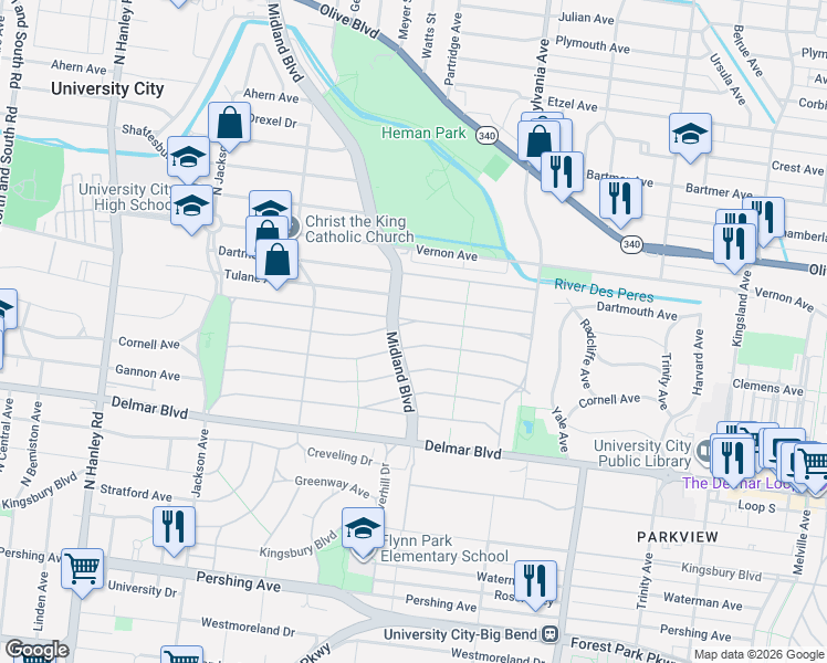 map of restaurants, bars, coffee shops, grocery stores, and more near 7150 Amherst Avenue in University City