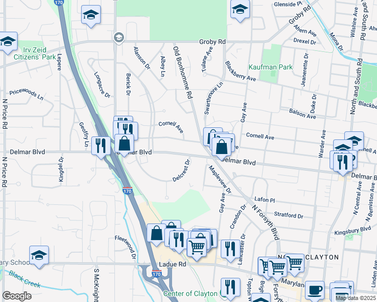 map of restaurants, bars, coffee shops, grocery stores, and more near 8241 Delmar Boulevard in St. Louis