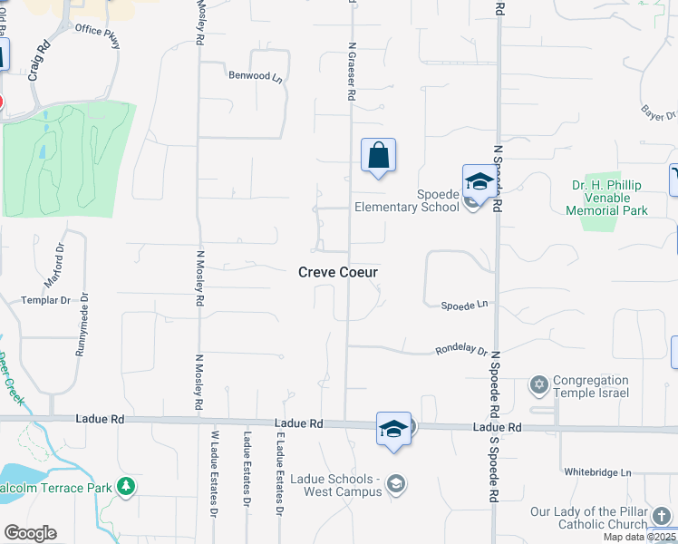 map of restaurants, bars, coffee shops, grocery stores, and more near in Creve Coeur