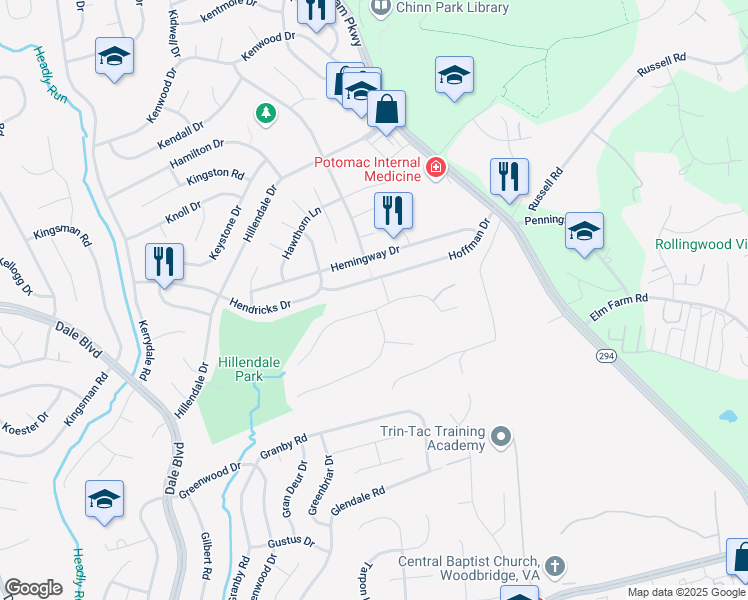 map of restaurants, bars, coffee shops, grocery stores, and more near 4052 Westwind Dr in Woodbridge