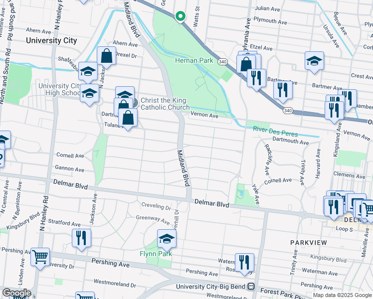 map of restaurants, bars, coffee shops, grocery stores, and more near 7150 Amherst Avenue in University City