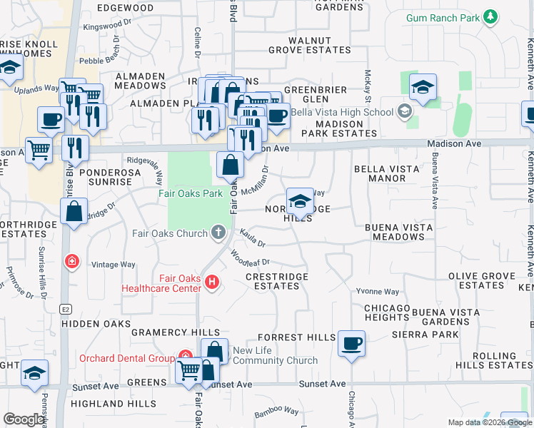 map of restaurants, bars, coffee shops, grocery stores, and more near 8136 Oahu Drive in Fair Oaks