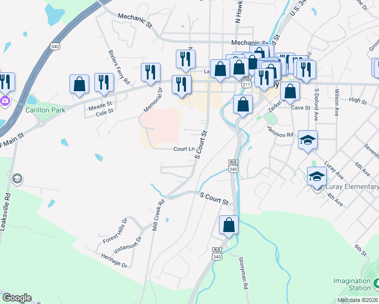 map of restaurants, bars, coffee shops, grocery stores, and more near 156 South Court Street in Luray