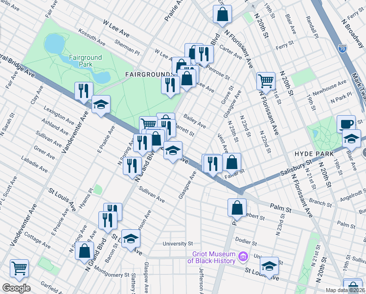 map of restaurants, bars, coffee shops, grocery stores, and more near 3206 Harper Street in St. Louis