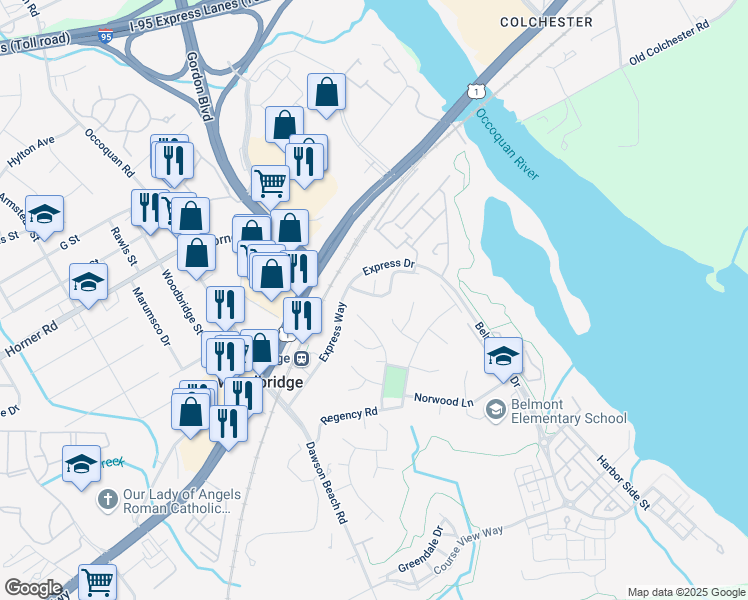 map of restaurants, bars, coffee shops, grocery stores, and more near 961 Herons Run Lane in Woodbridge