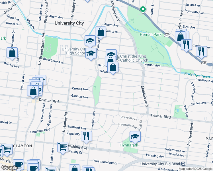 map of restaurants, bars, coffee shops, grocery stores, and more near 7350 Colgate Avenue in University City