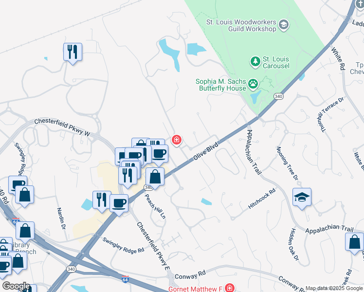 map of restaurants, bars, coffee shops, grocery stores, and more near 15400 Braefield Drive in Chesterfield