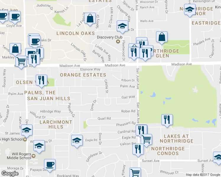 map of restaurants, bars, coffee shops, grocery stores, and more near 7210 Palm Avenue in Fair Oaks