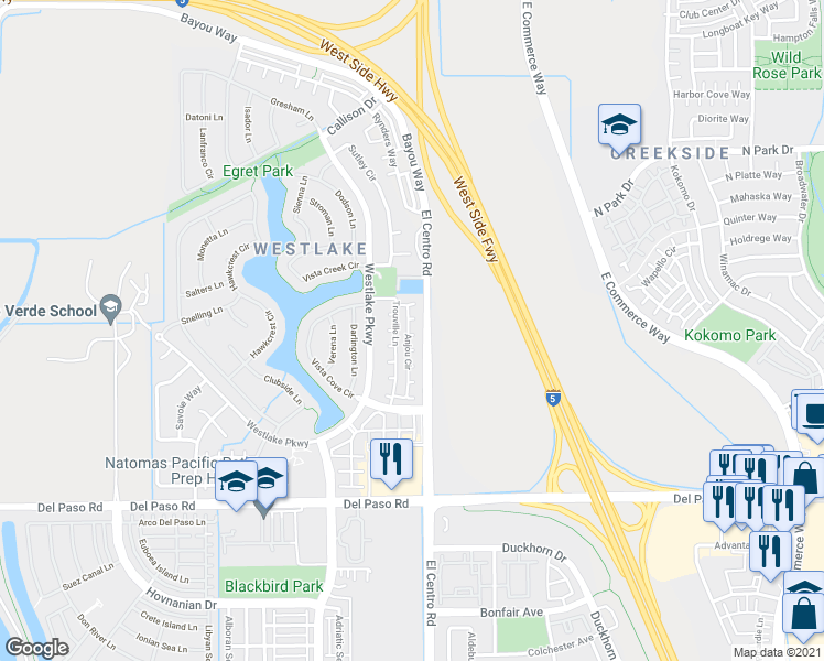 map of restaurants, bars, coffee shops, grocery stores, and more near 161 Anjou Circle in Sacramento